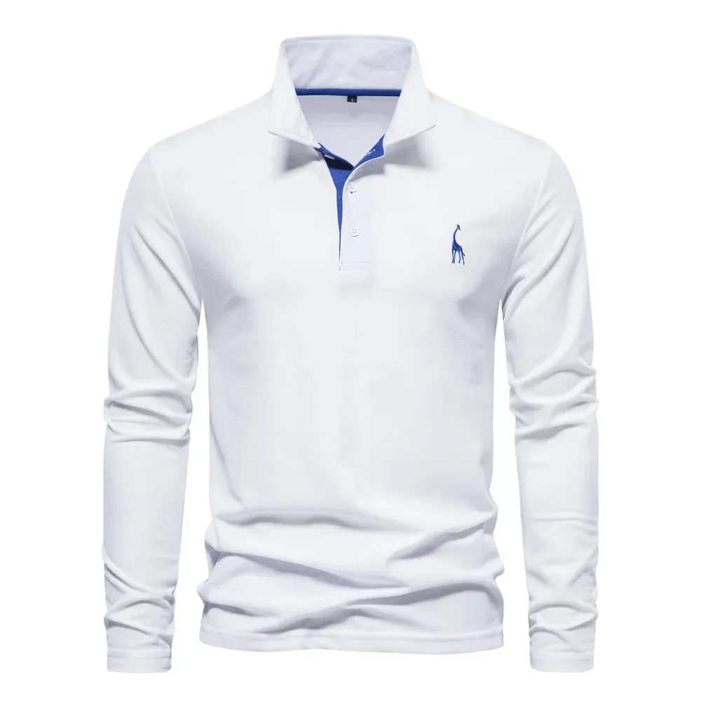 Men's Solid Color Long Sleeve Polo Shirt with Deer Embroidery