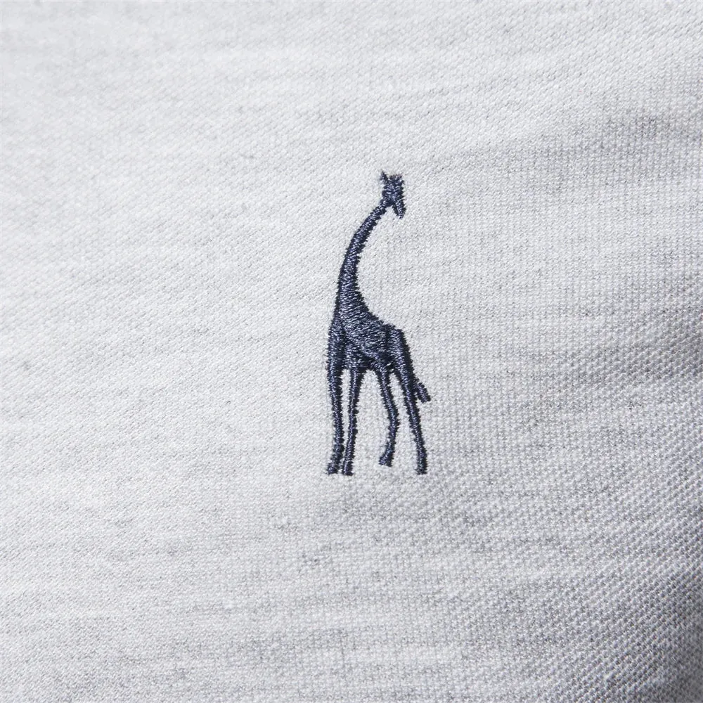 Men's Solid Color Long Sleeve Polo Shirt with Deer Embroidery