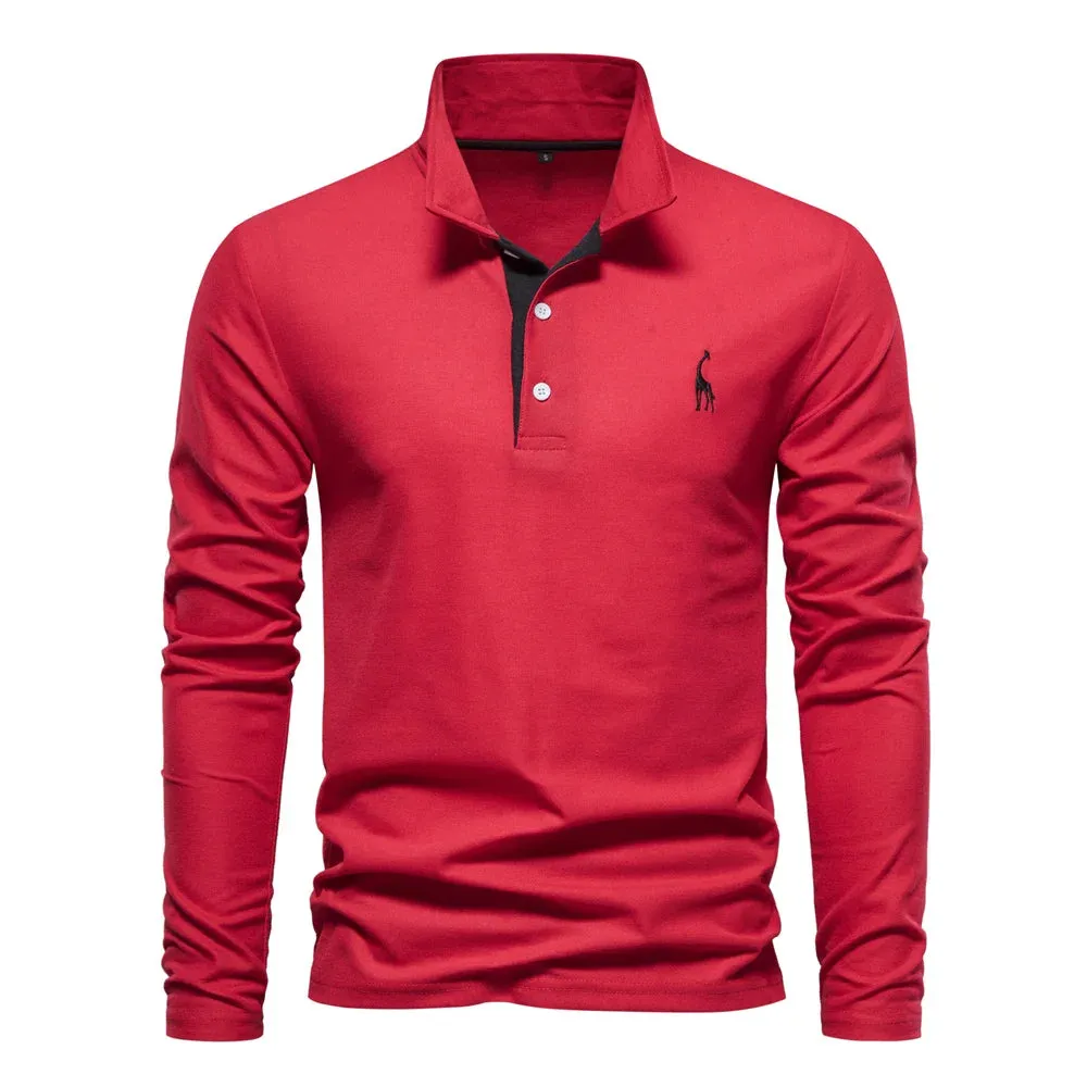 Men's Solid Color Long Sleeve Polo Shirt with Deer Embroidery