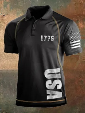 Men's Vintage American Flag Independence Day Color Block Polo Shirt