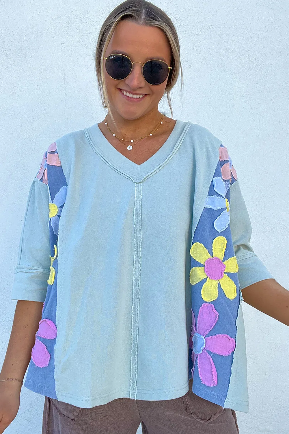 Myosotis Daisy Patch Exposed Seam Half Sleeve Loose T Shirt