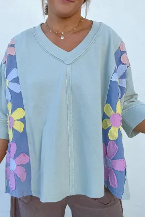 Myosotis Daisy Patch Exposed Seam Half Sleeve Loose T Shirt