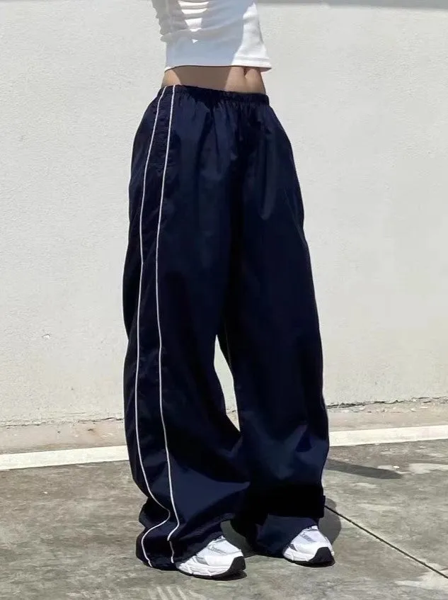 Navy blue retro sport baggy pants with stripes