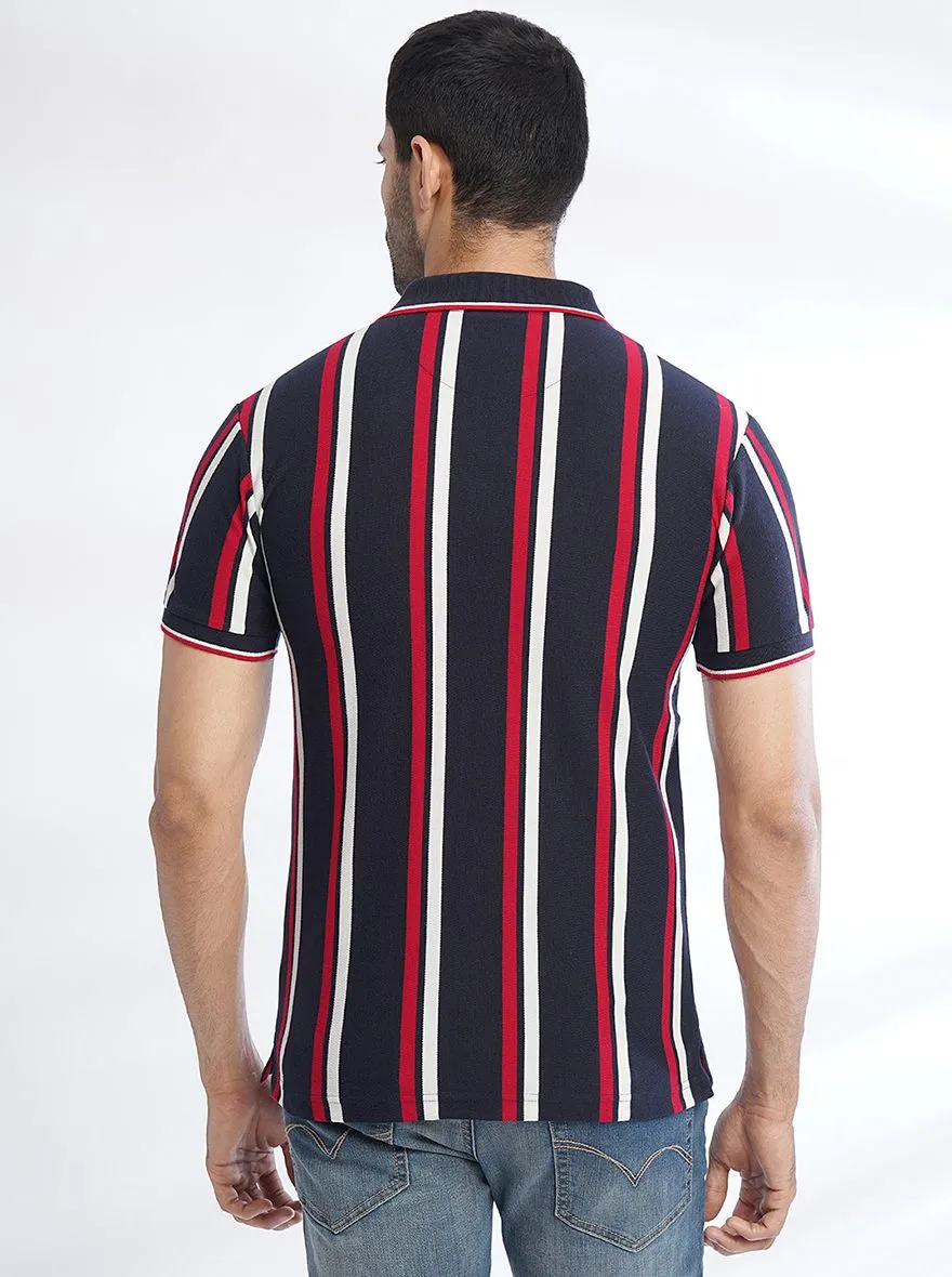 Navy Blue Striped Slim Fit Polo T-Shirt | Greenfibre