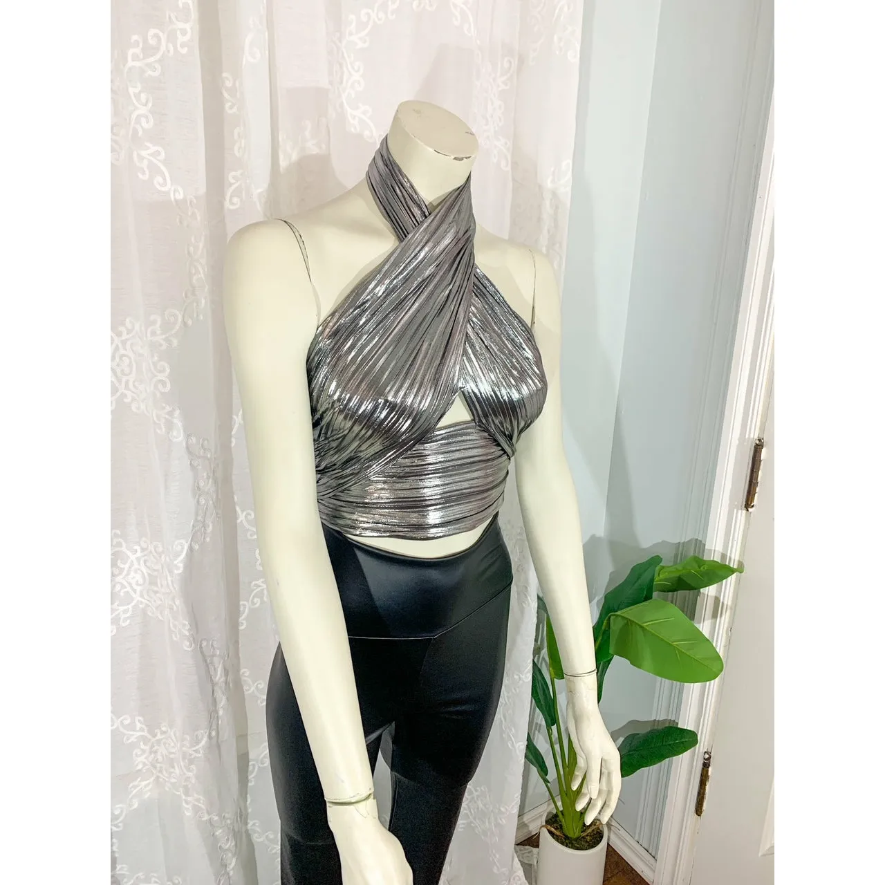 Night Out Crop Halter Top - Silver