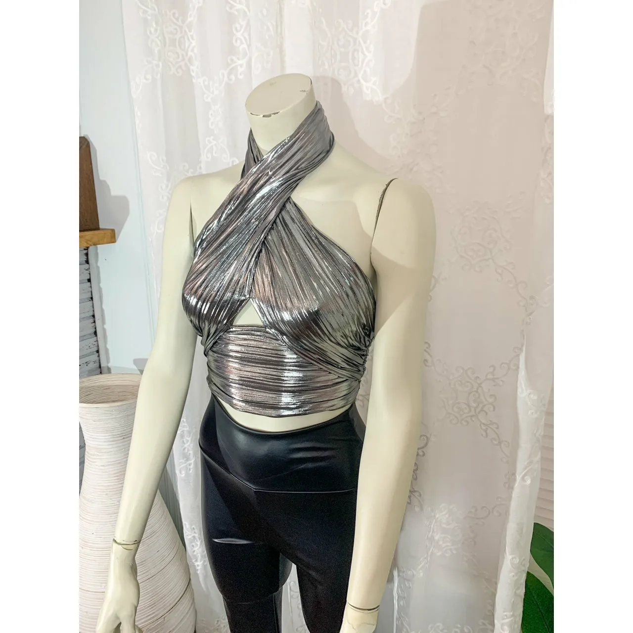 Night Out Crop Halter Top - Silver