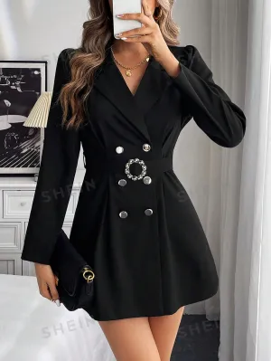 Notched Collar Cinched Waist Double-Breasted Black Suit Dress