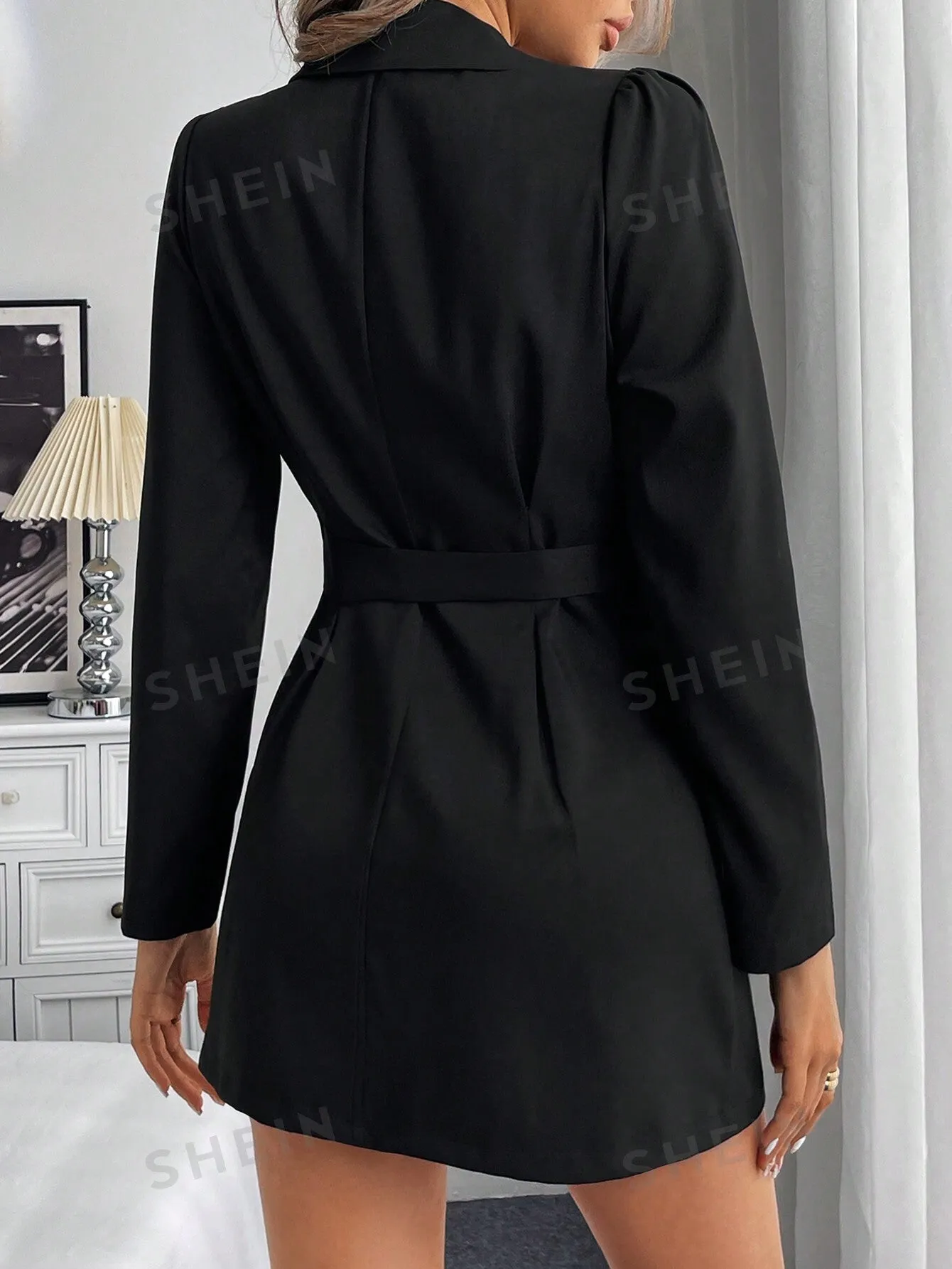 Notched Collar Cinched Waist Double-Breasted Black Suit Dress