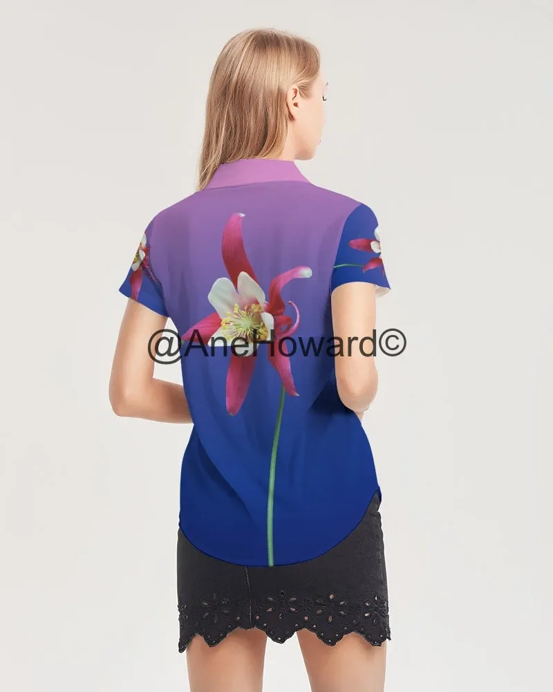 One Flower Women's All-Over Print Short Sleeve Button Up