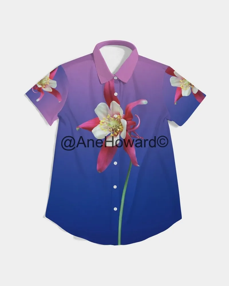 One Flower Women's All-Over Print Short Sleeve Button Up