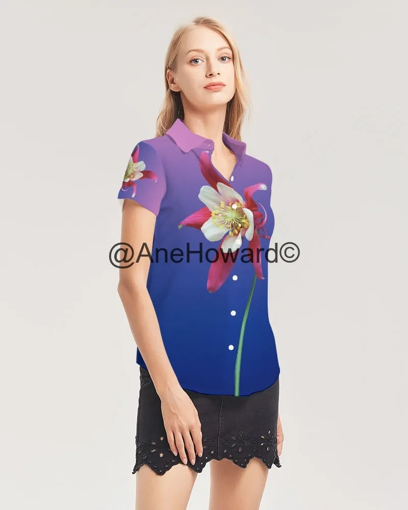 One Flower Women's All-Over Print Short Sleeve Button Up
