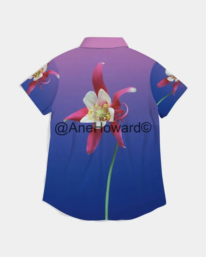 One Flower Women's All-Over Print Short Sleeve Button Up