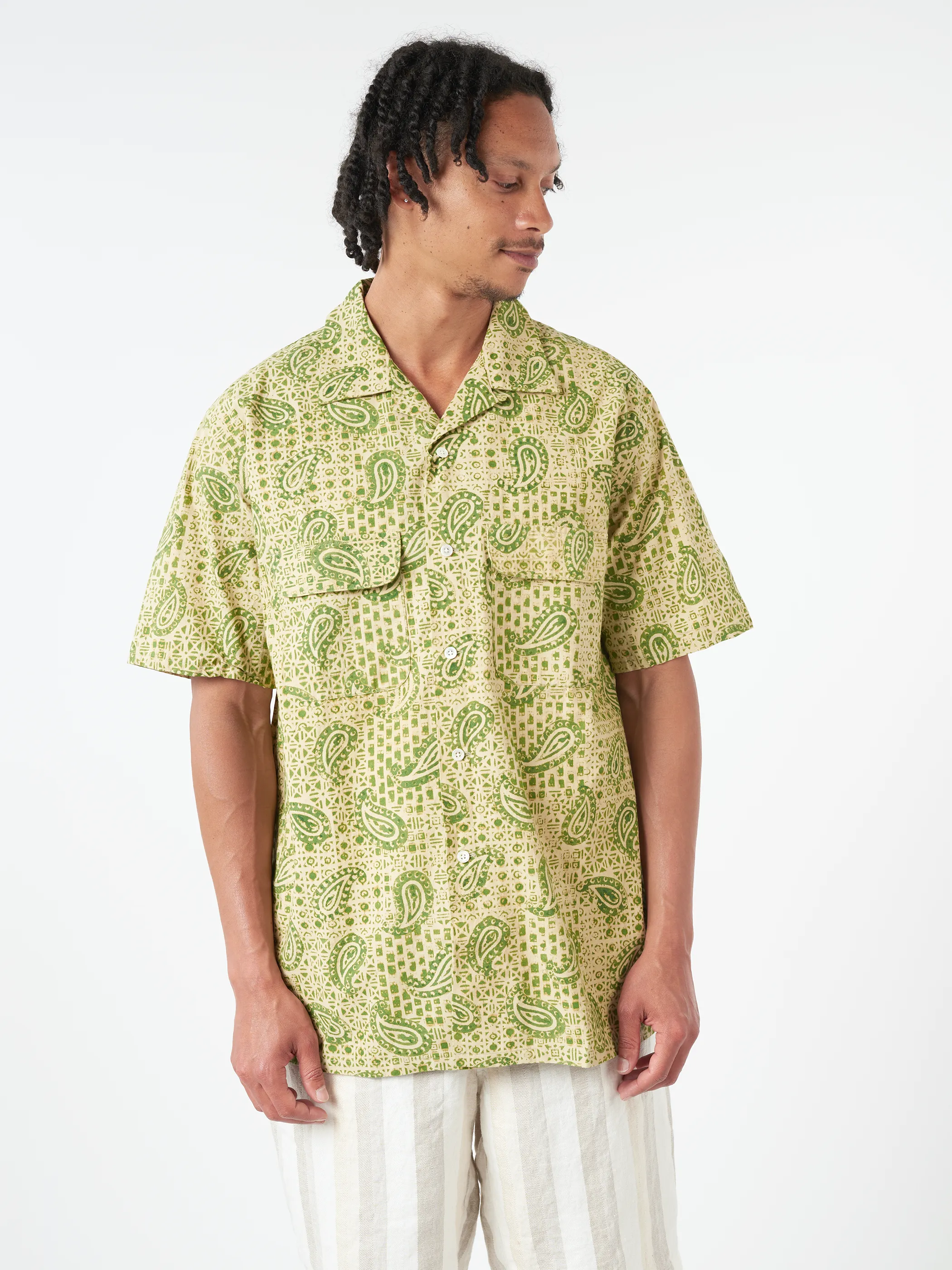 Open Collar Block Print Paisley Shirt