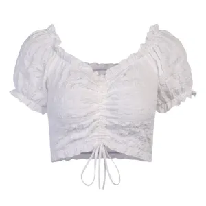 Open navel drawcord lace up sexy retro bubble sleeve women's T-shirt short sleeve top