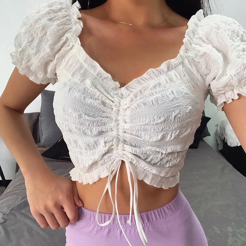 Open navel drawcord lace up sexy retro bubble sleeve women's T-shirt short sleeve top