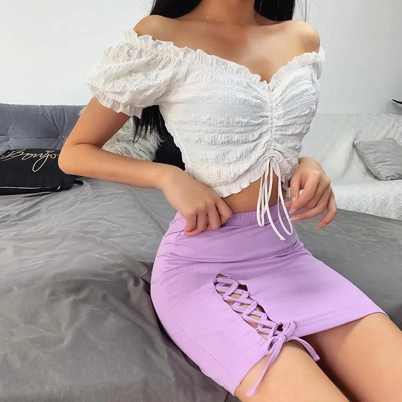 Open navel drawcord lace up sexy retro bubble sleeve women's T-shirt short sleeve top