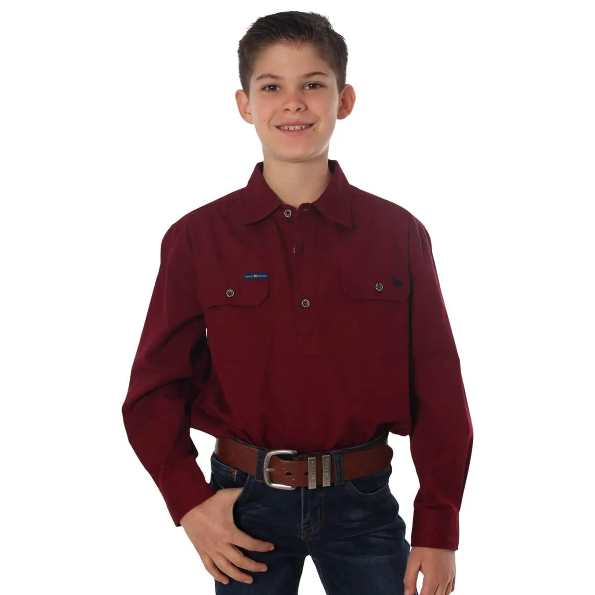 Ord River Half Button Kids Work Shirt Burgundy