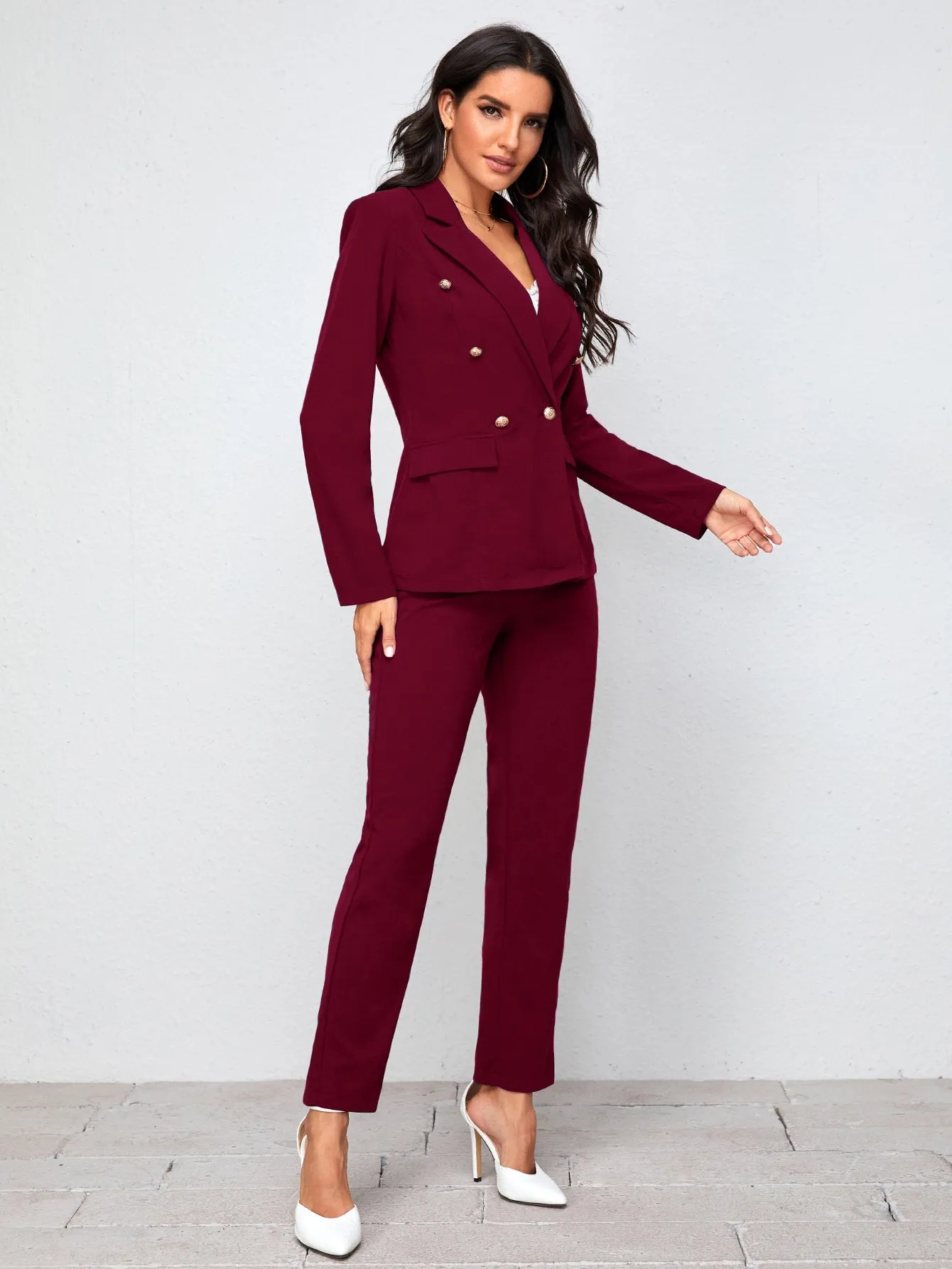Parien Notch Collar Double Button Blazer and Tailored Pants Set