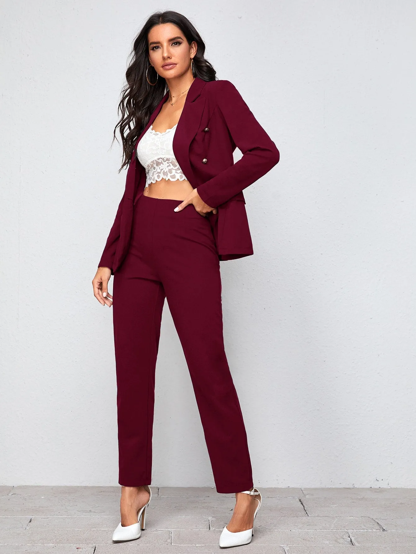 Parien Notch Collar Double Button Blazer and Tailored Pants Set