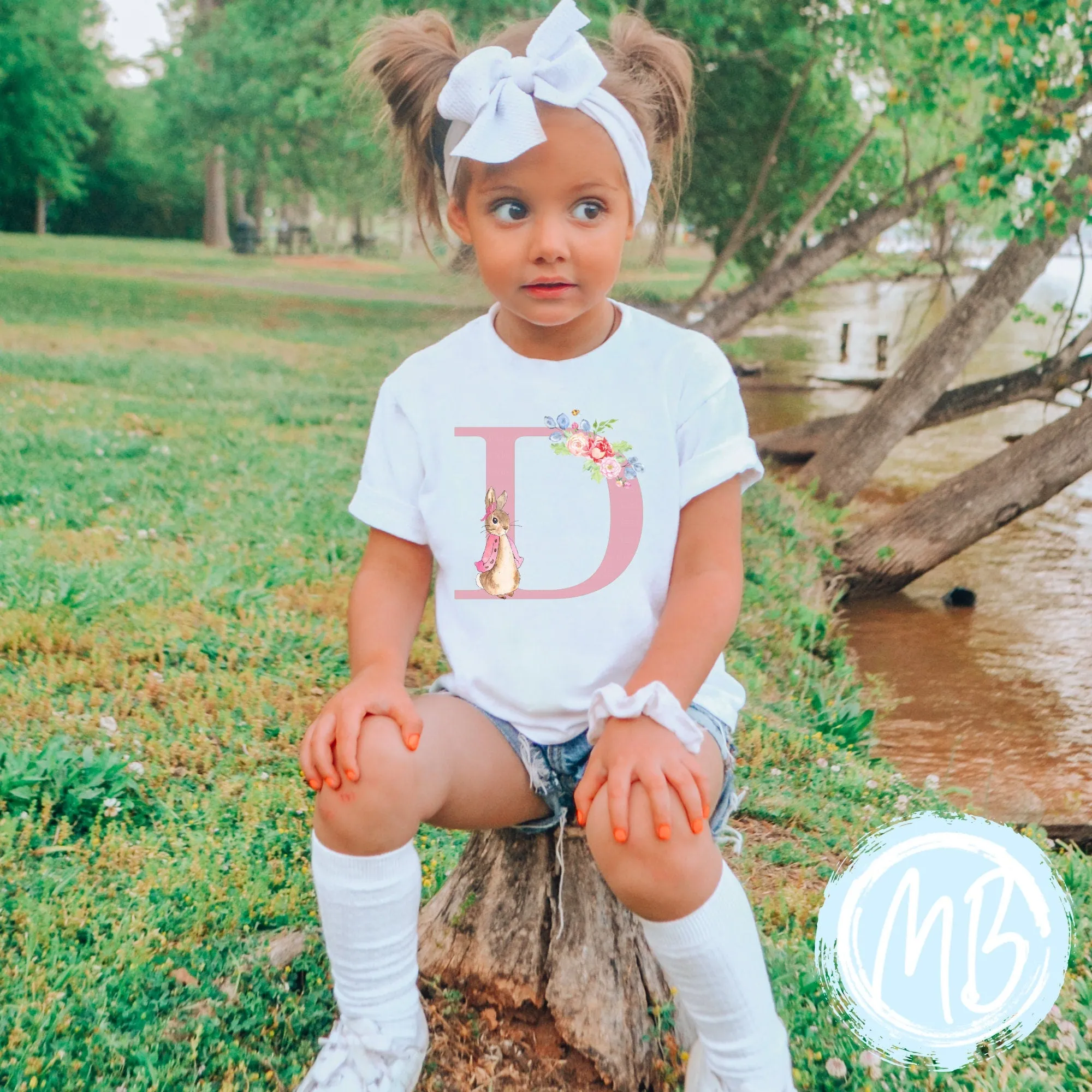 Pink Floral Bunny with initial Tee