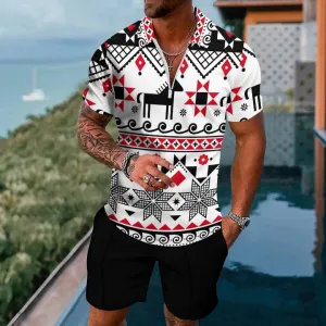 Plaid Animal Short Sleeve Zip Polo Shorts Set 2404001341