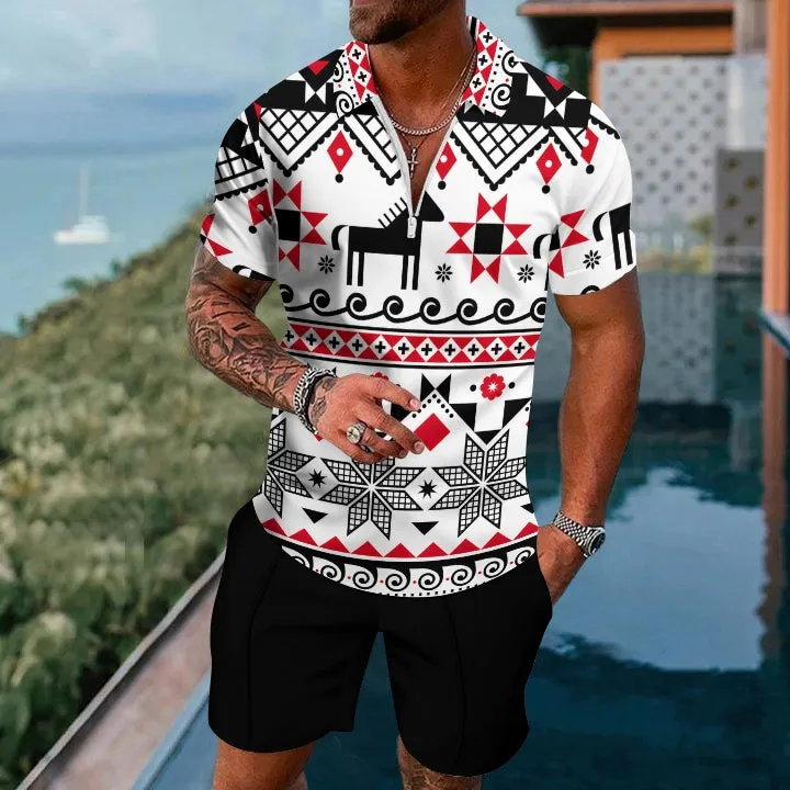 Plaid Animal Short Sleeve Zip Polo Shorts Set 2404001341