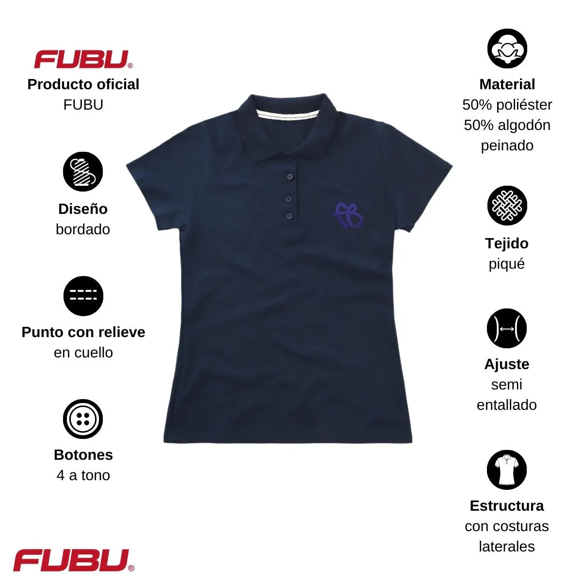 Playera Tipo Polo Piqué Mujer Fubu FB Azul Bordado
