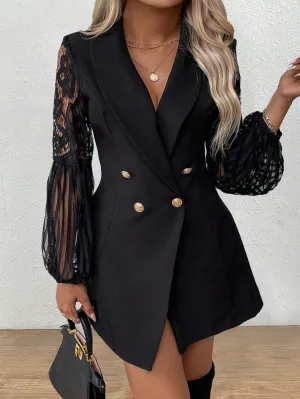 Plus Size Lace Mesh Lantern Sleeves Shawl Collar Double Breasted Suit Dress