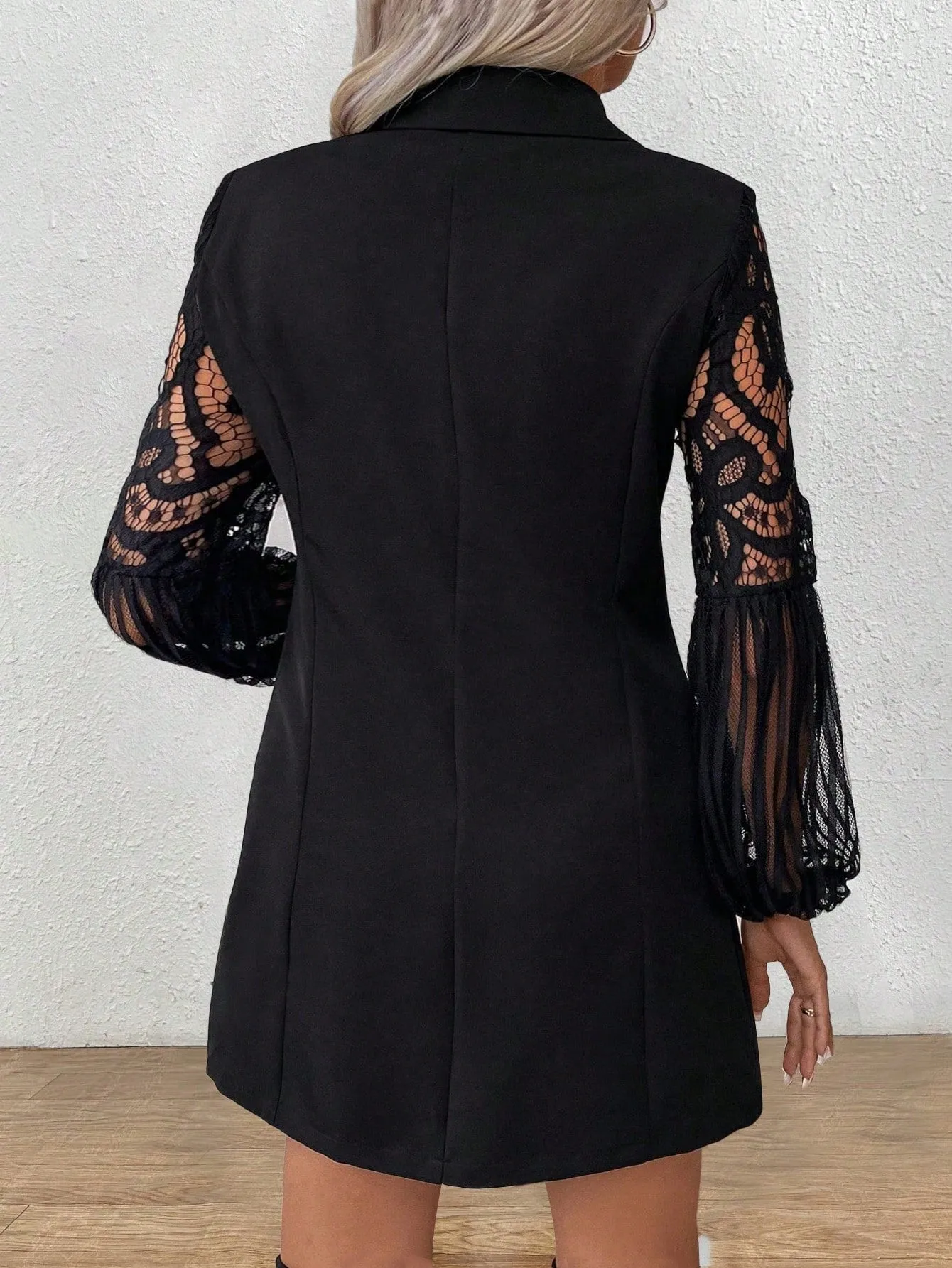 Plus Size Lace Mesh Lantern Sleeves Shawl Collar Double Breasted Suit Dress