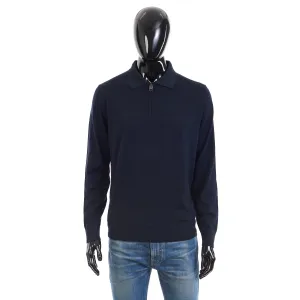 Polo Sweater With Metal Zip In Blue Wool