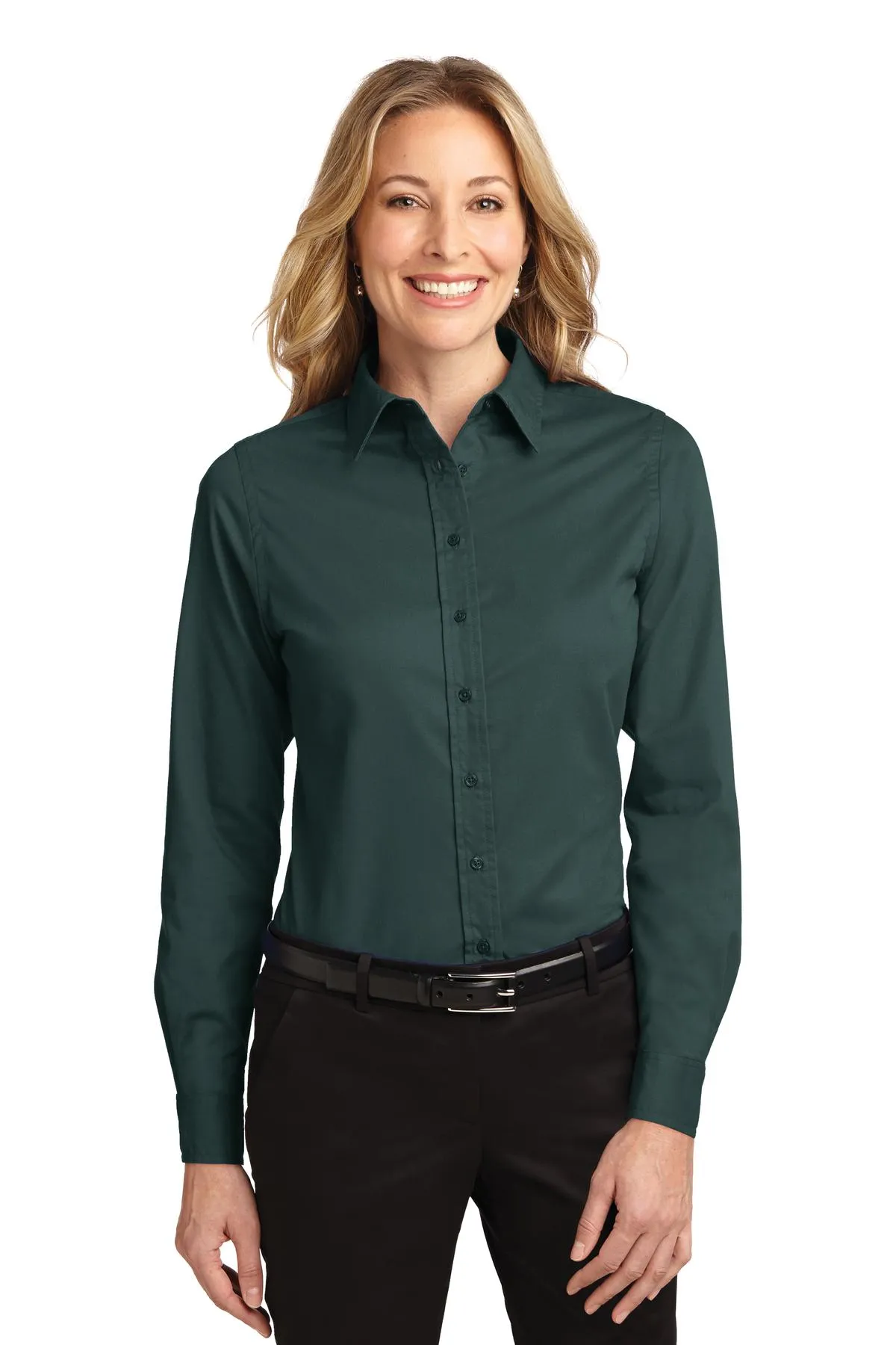 Port Authority Women's Long Sleeve Easy Care Shirt.  L608 Dark Green/ Navy
