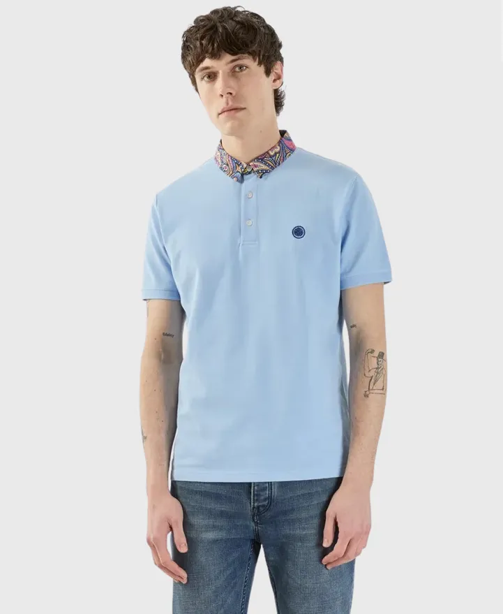 Pretty Green Festival Paisley Collar Polo Shirt Light Blue