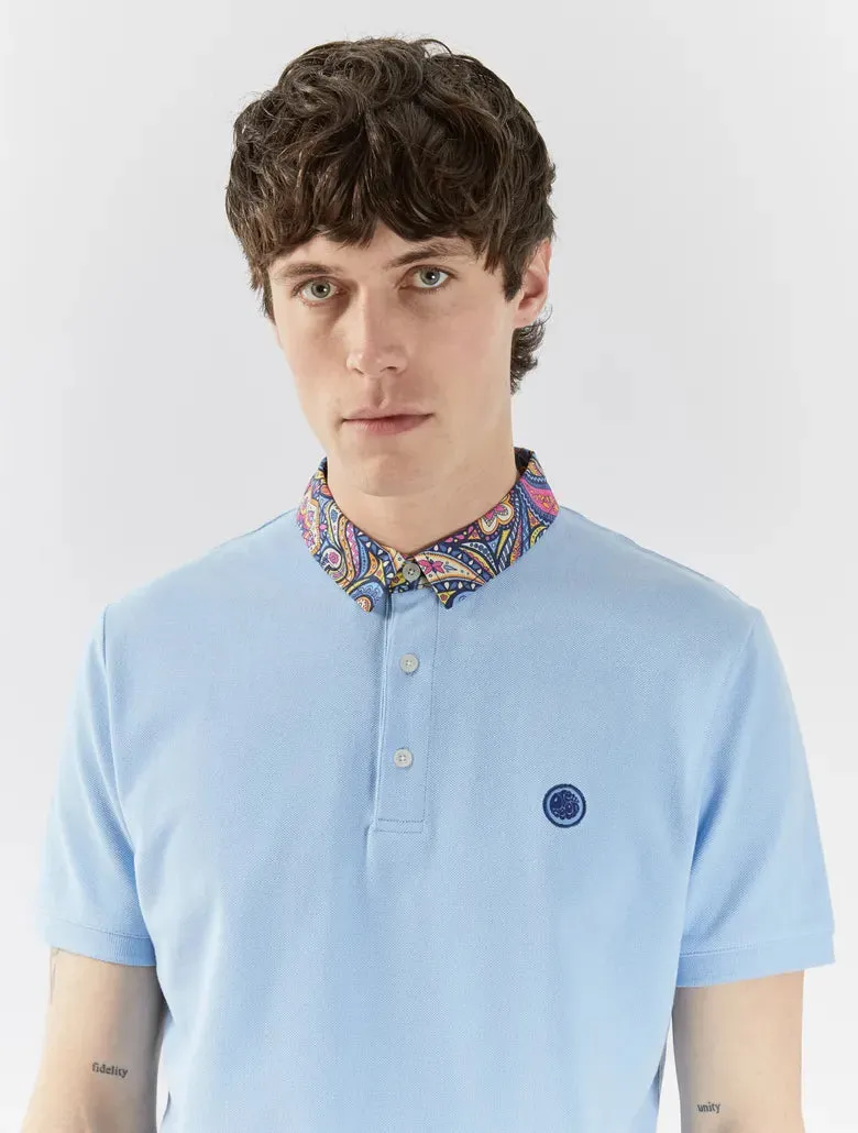 Pretty Green Festival Paisley Collar Polo Shirt Light Blue
