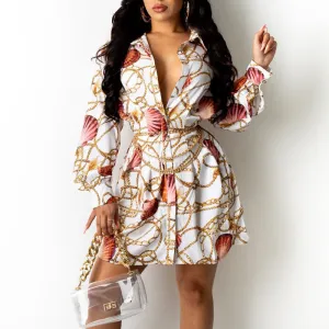 Print Long Sleeve Loose Shirt Dress