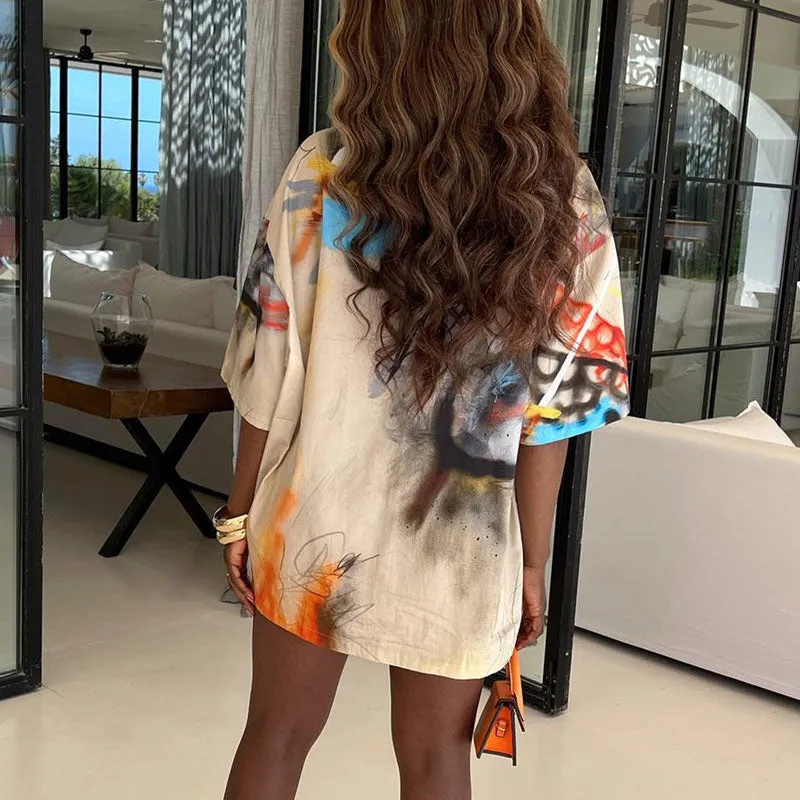 Print Short Sleeve Loose Shirt Dress