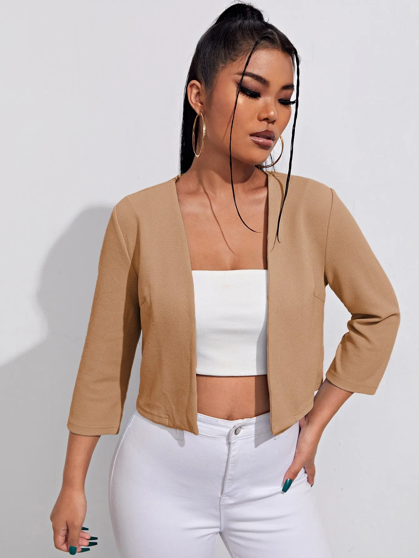 Privé Solid Open Front Crop Women Blazer