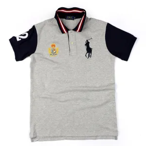 PRL Grey Fitted Polo Shirt With Striped Collar