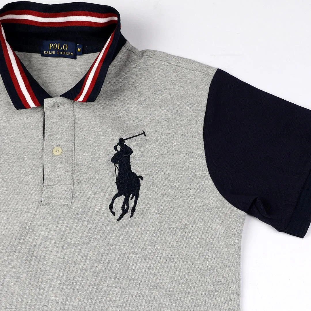 PRL Grey Fitted Polo Shirt With Striped Collar
