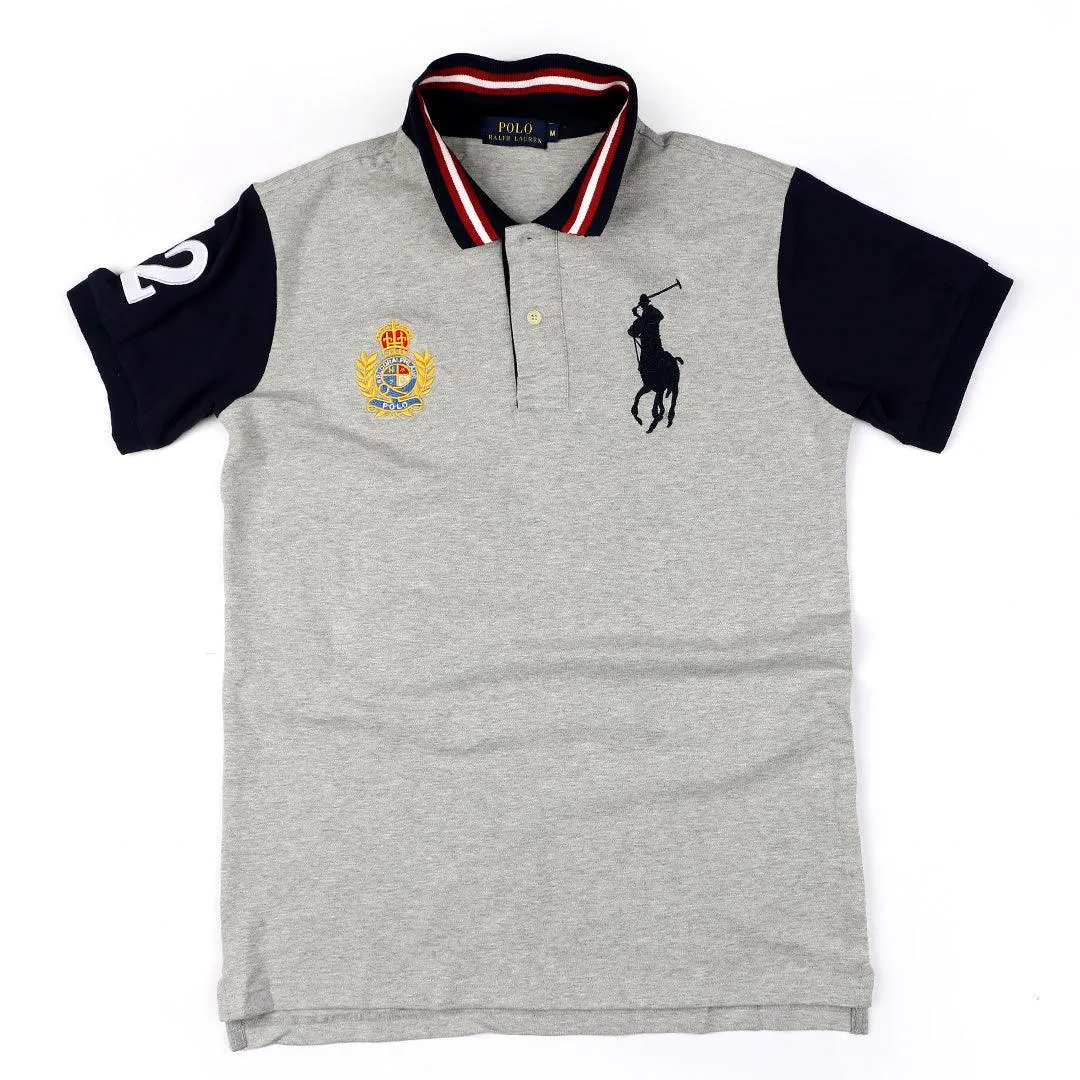 PRL Grey Fitted Polo Shirt With Striped Collar
