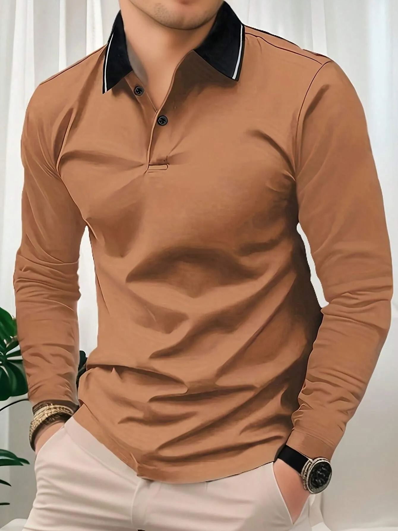 QA Spring And Autumn Men Long-Sleeved Polo Shirt With Collar Solid Color Light Board Casual Sports Clothes Men Top