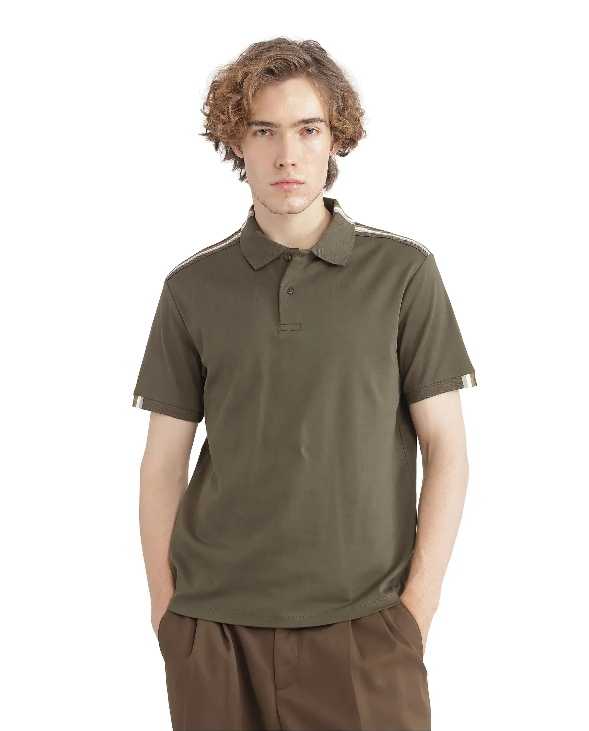 Rare Rabbit Men Loui Olive Cotton Fabric Striped Short Sleeve and Collar Neck Plain Polo