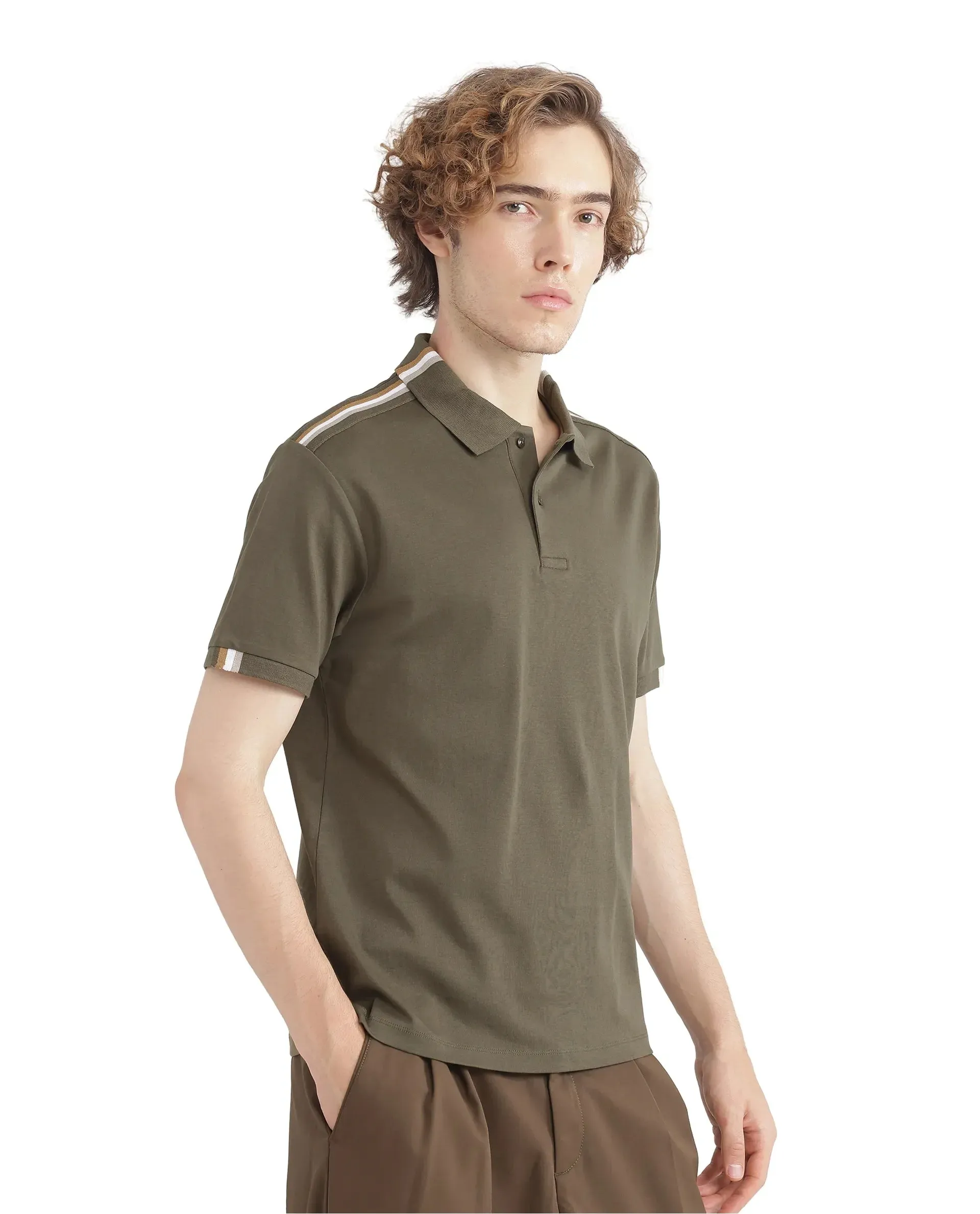 Rare Rabbit Men Loui Olive Cotton Fabric Striped Short Sleeve and Collar Neck Plain Polo