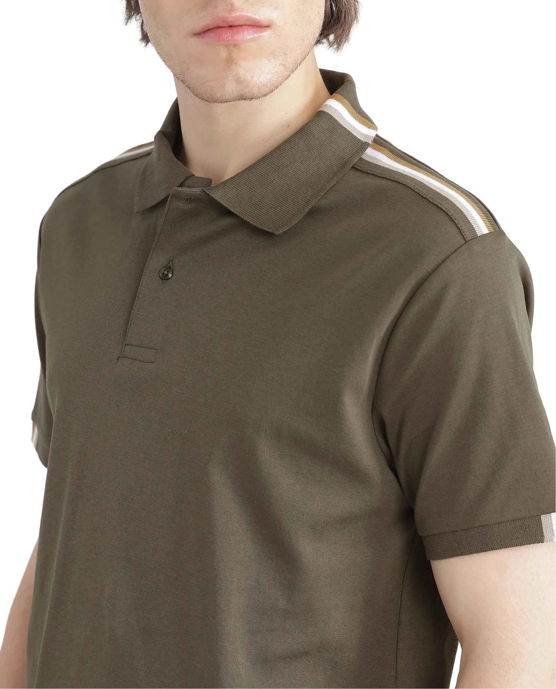 Rare Rabbit Men Loui Olive Cotton Fabric Striped Short Sleeve and Collar Neck Plain Polo