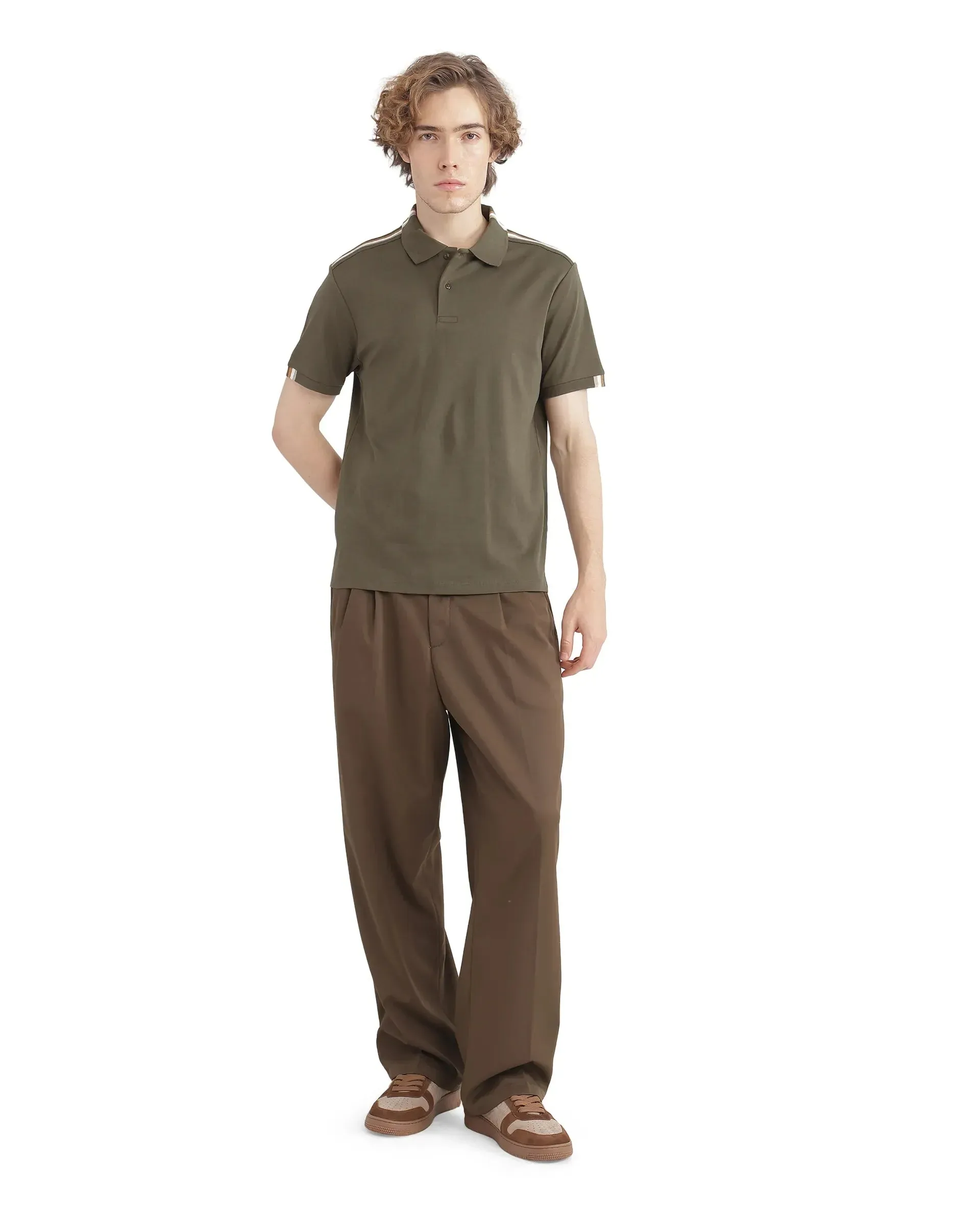 Rare Rabbit Men Loui Olive Cotton Fabric Striped Short Sleeve and Collar Neck Plain Polo