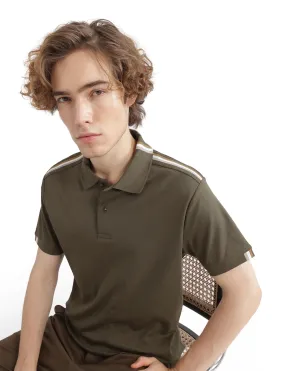 Rare Rabbit Men Loui Olive Cotton Fabric Striped Short Sleeve and Collar Neck Plain Polo
