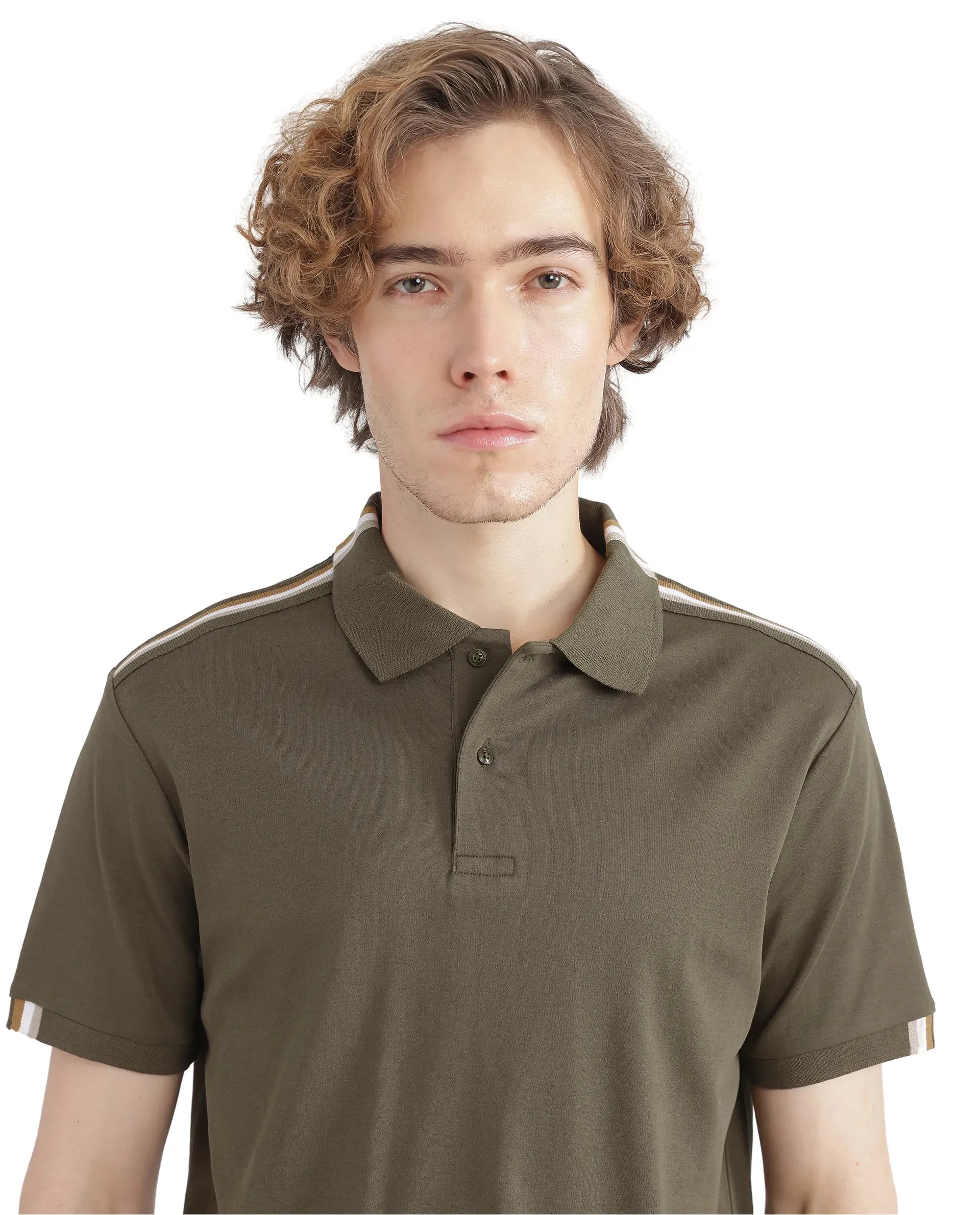 Rare Rabbit Men Loui Olive Cotton Fabric Striped Short Sleeve and Collar Neck Plain Polo