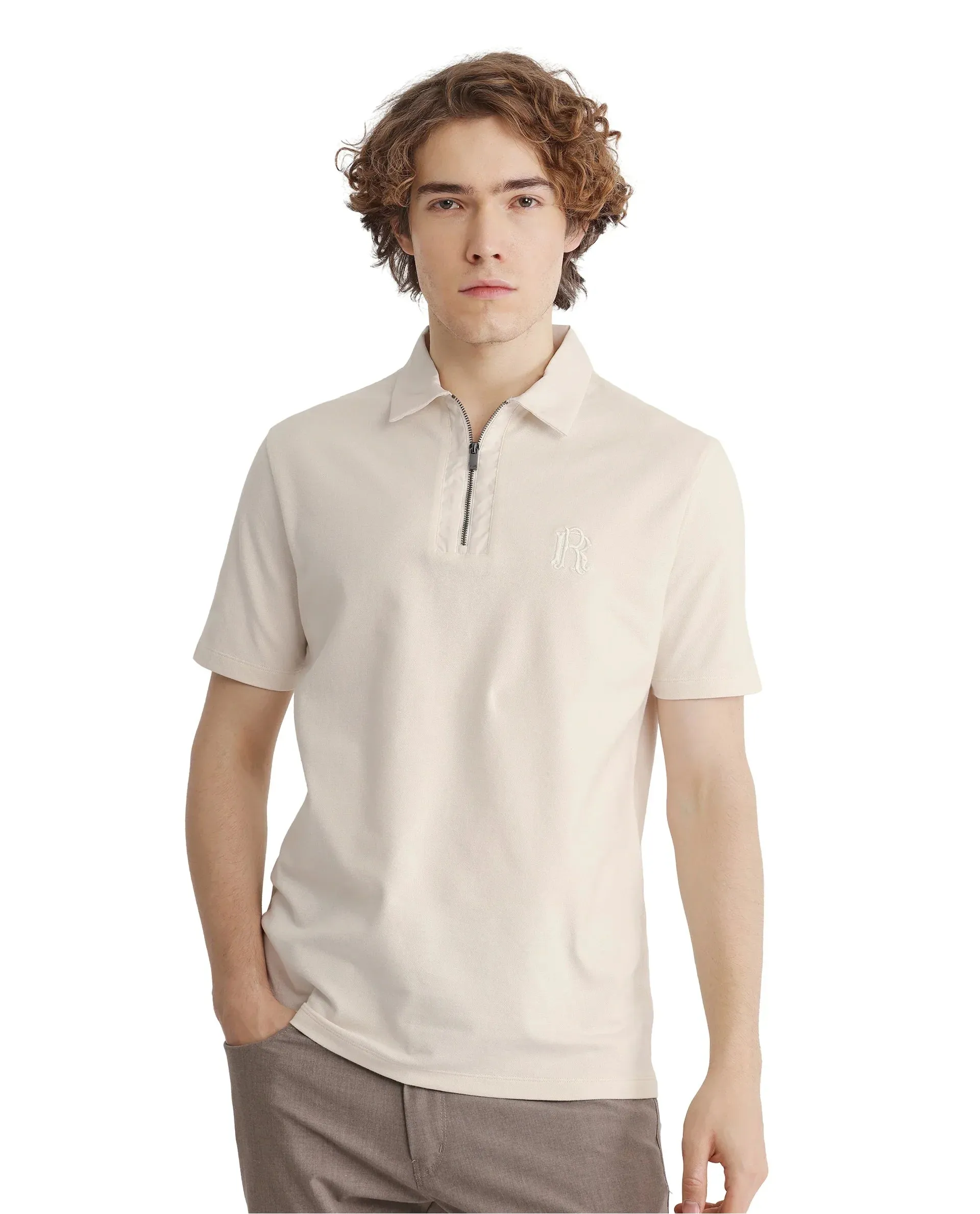 Rare Rabbit Men Presto Off White Short Sleeve Collared Neck Plain Polo