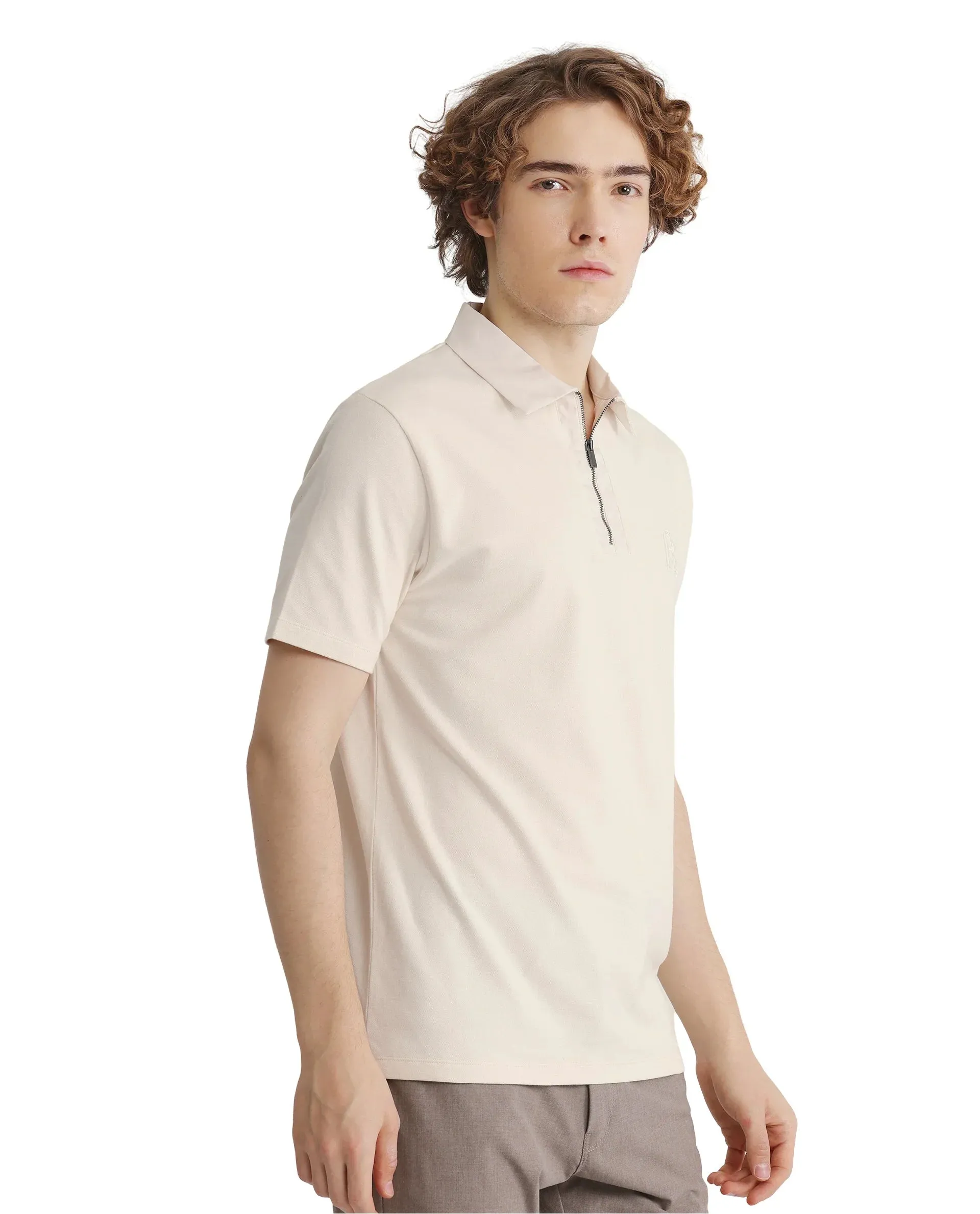 Rare Rabbit Men Presto Off White Short Sleeve Collared Neck Plain Polo