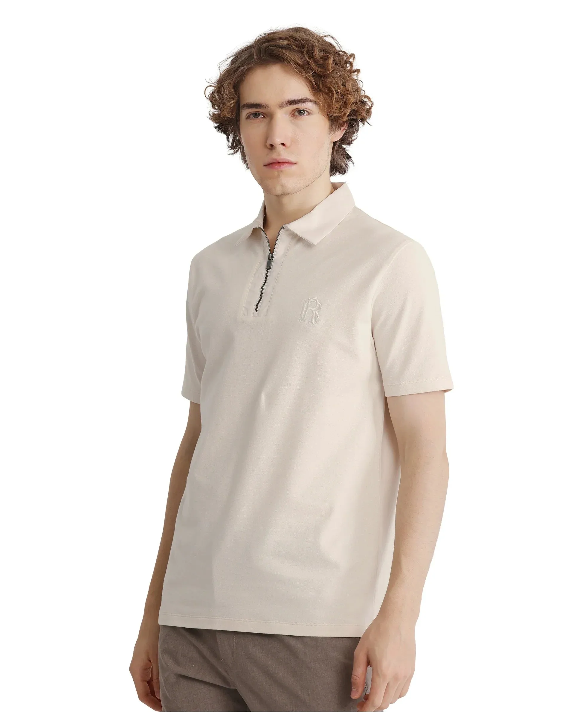 Rare Rabbit Men Presto Off White Short Sleeve Collared Neck Plain Polo