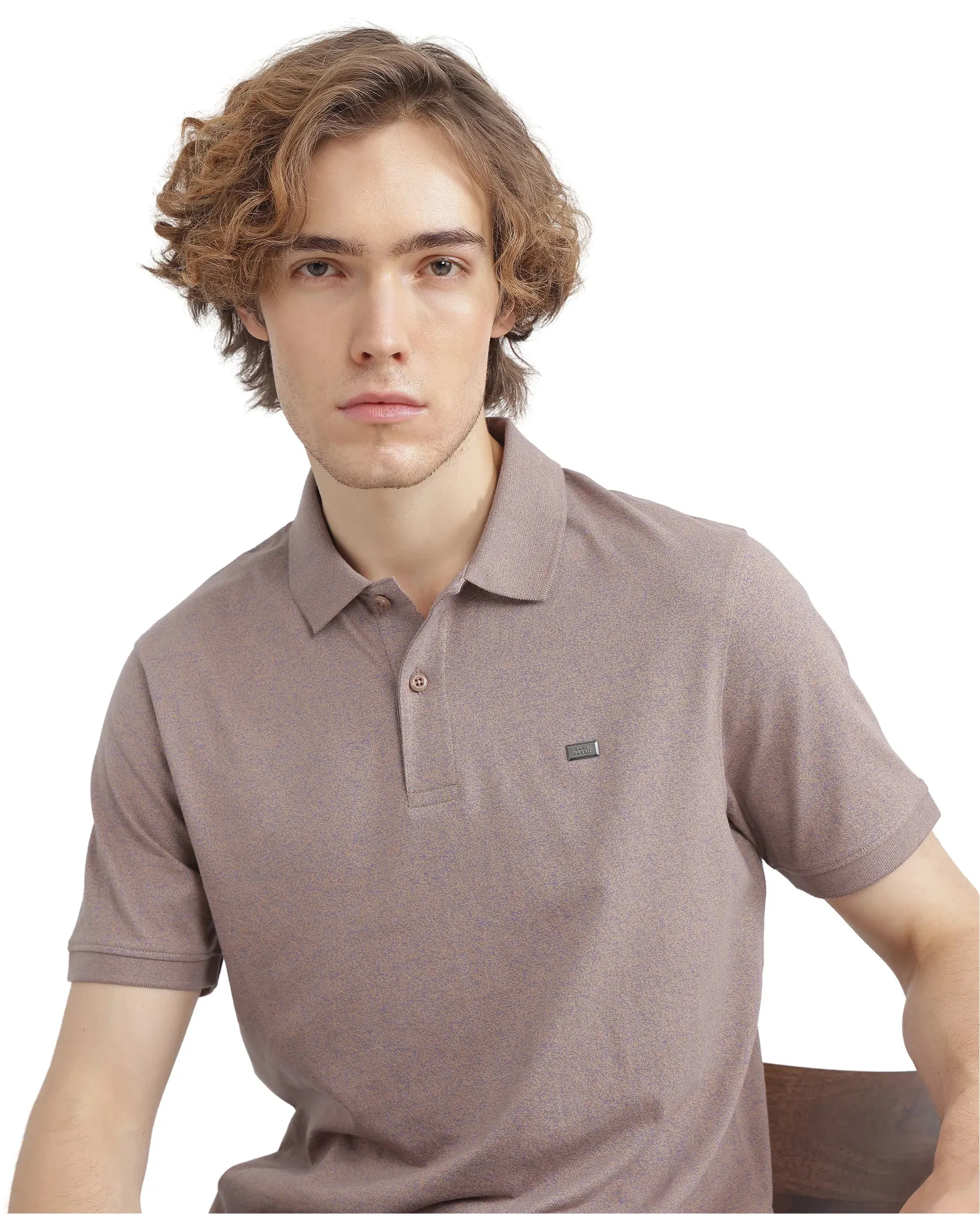 Rare Rabbit Men Schop Dark Orange Cotton Blend Short Sleeve Regular Fit Solid Polo